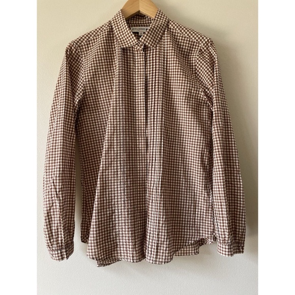 Uniqlo IDLF Ines de la Fressange cotton check gingham blouse M brown ivory - Picture 3 of 8